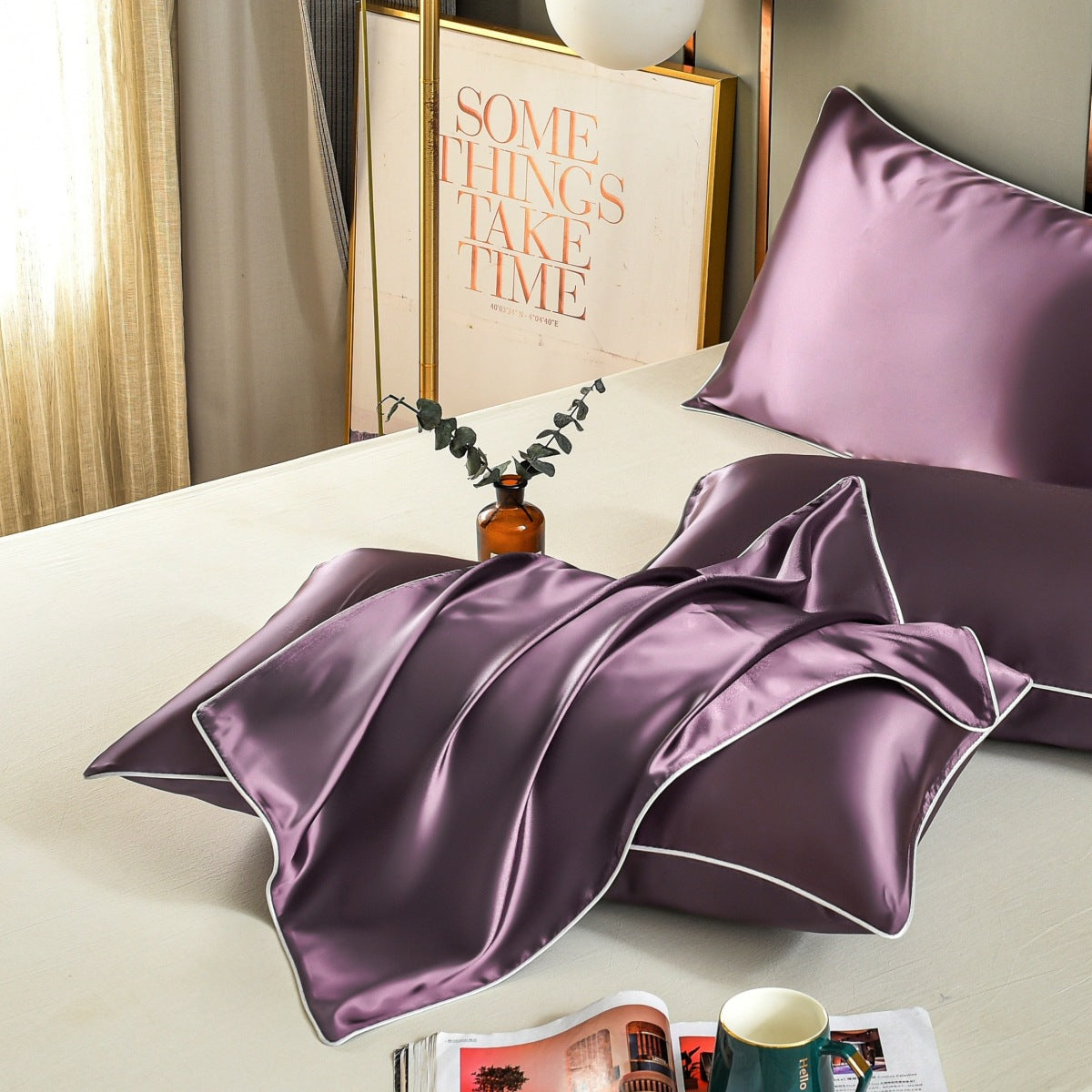 Purple Luxury Double-Sided Satin Silk Pillowcase - Summer Cooling Polyester Pillow Cover SetWithout Pillow Core