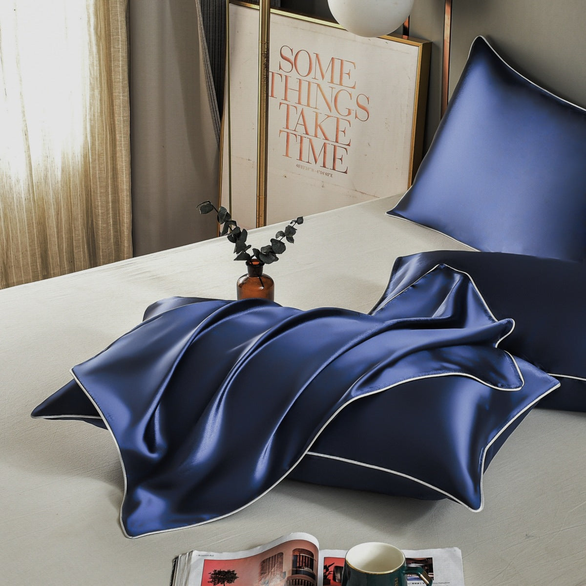 Dark Blue Luxury Double-Sided Satin Silk Pillowcase - Summer Cooling Polyester Pillow Cover SetWithout Pillow Core