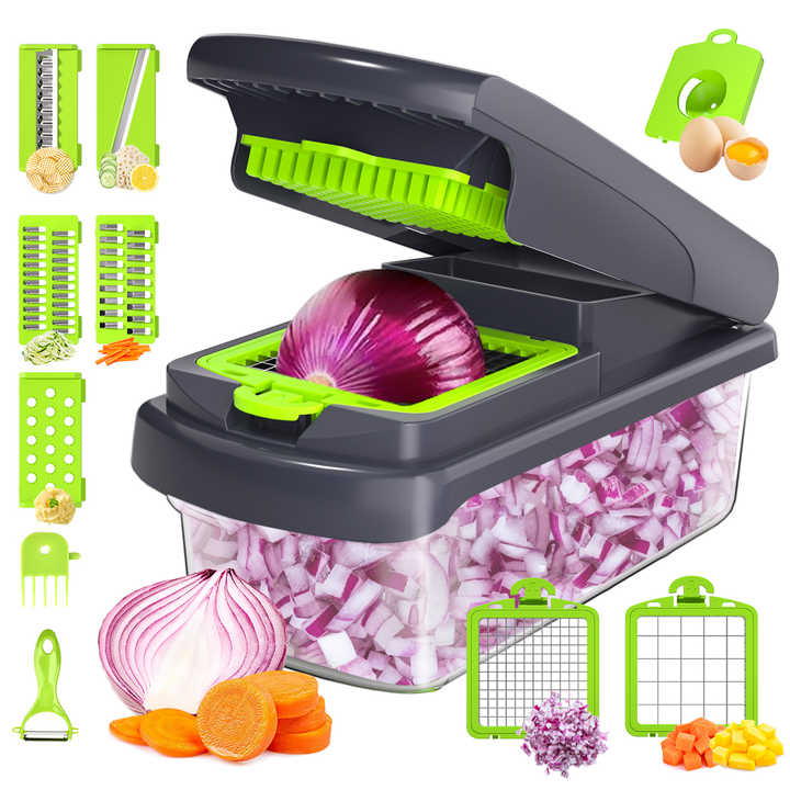 Black and white 14-Piece Multifunctional Vegetable Chopper and Slicer Set - Kitchen Cutting and Grating Tool