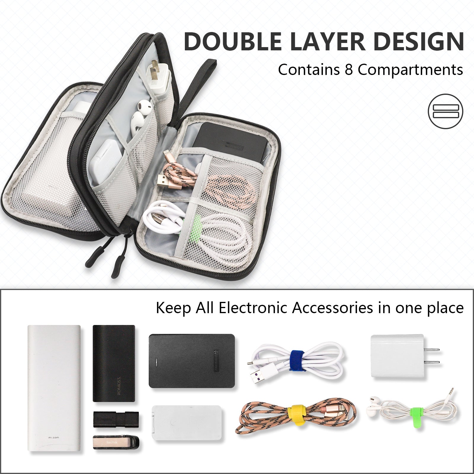 Black Portable Digital Organizer Bag – Multifunctional Storage for Power Banks, Cables, and AccessoriesPhotography Props Not Included