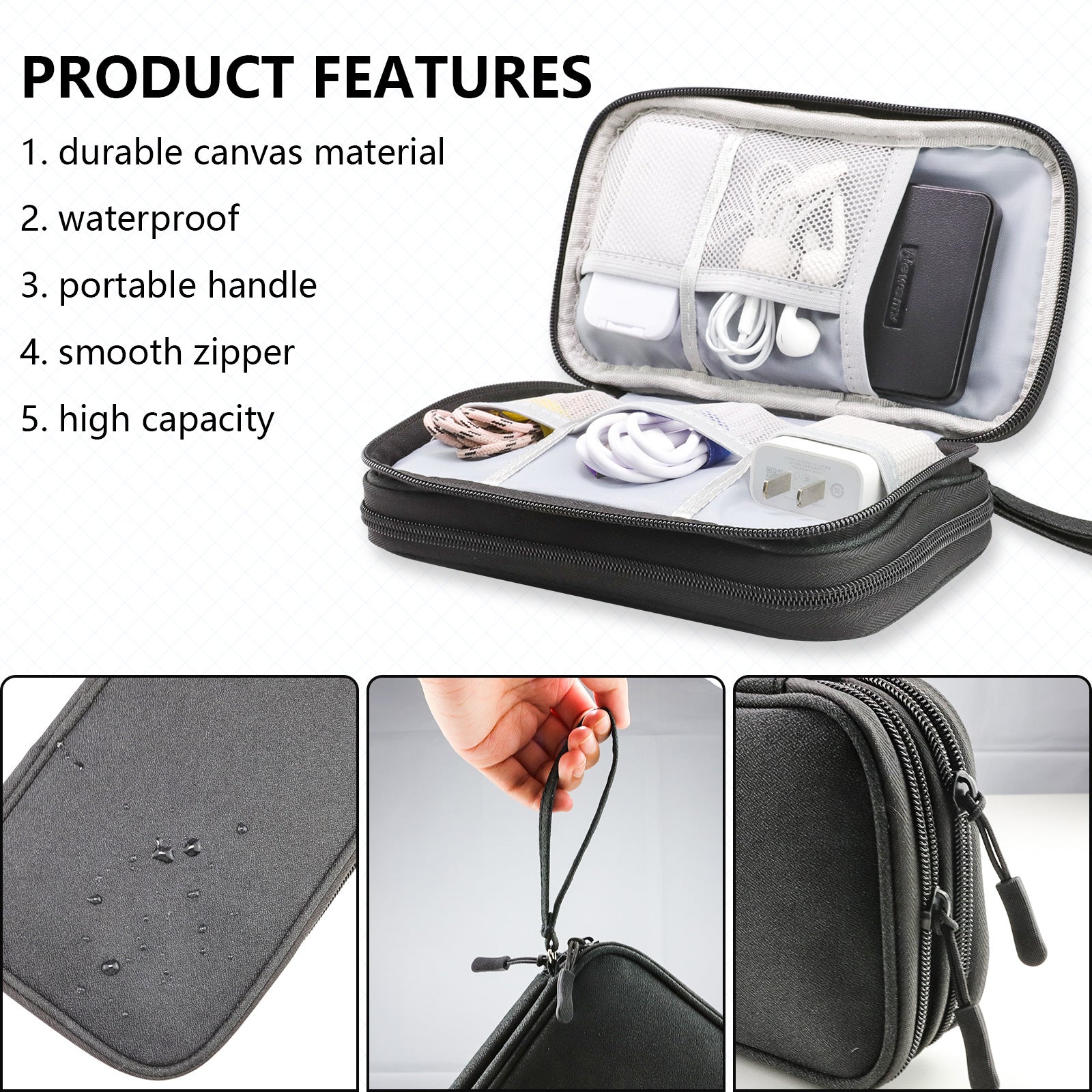Black Portable Digital Organizer Bag – Multifunctional Storage for Power Banks, Cables, and AccessoriesPhotography Props Not Included