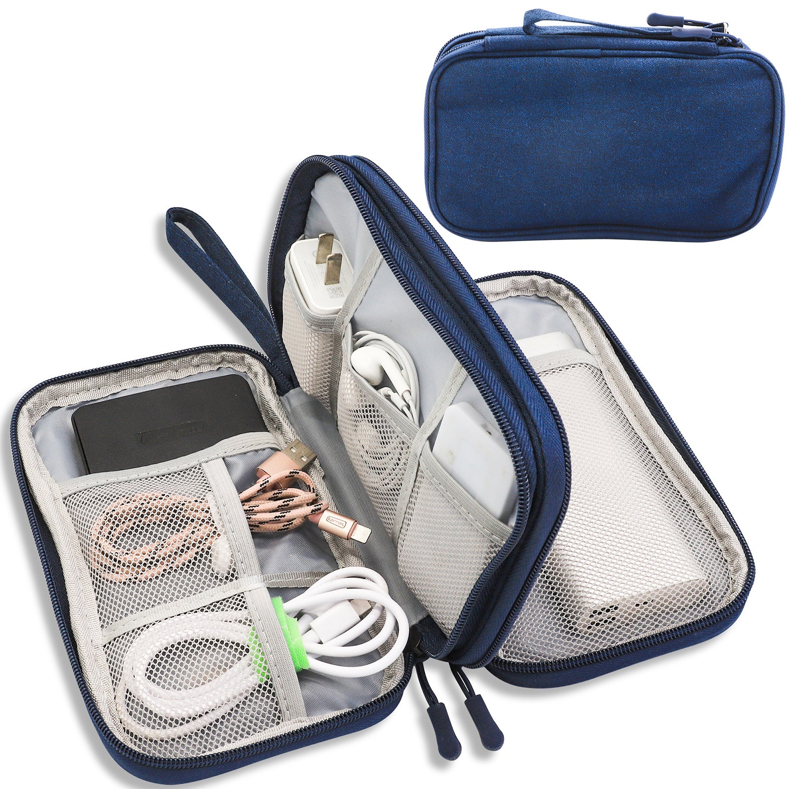Dark Blue Portable Digital Organizer Bag - Multifunctional Storage for Power Banks, Cables, and AccessoriesPhotography Props Not Included