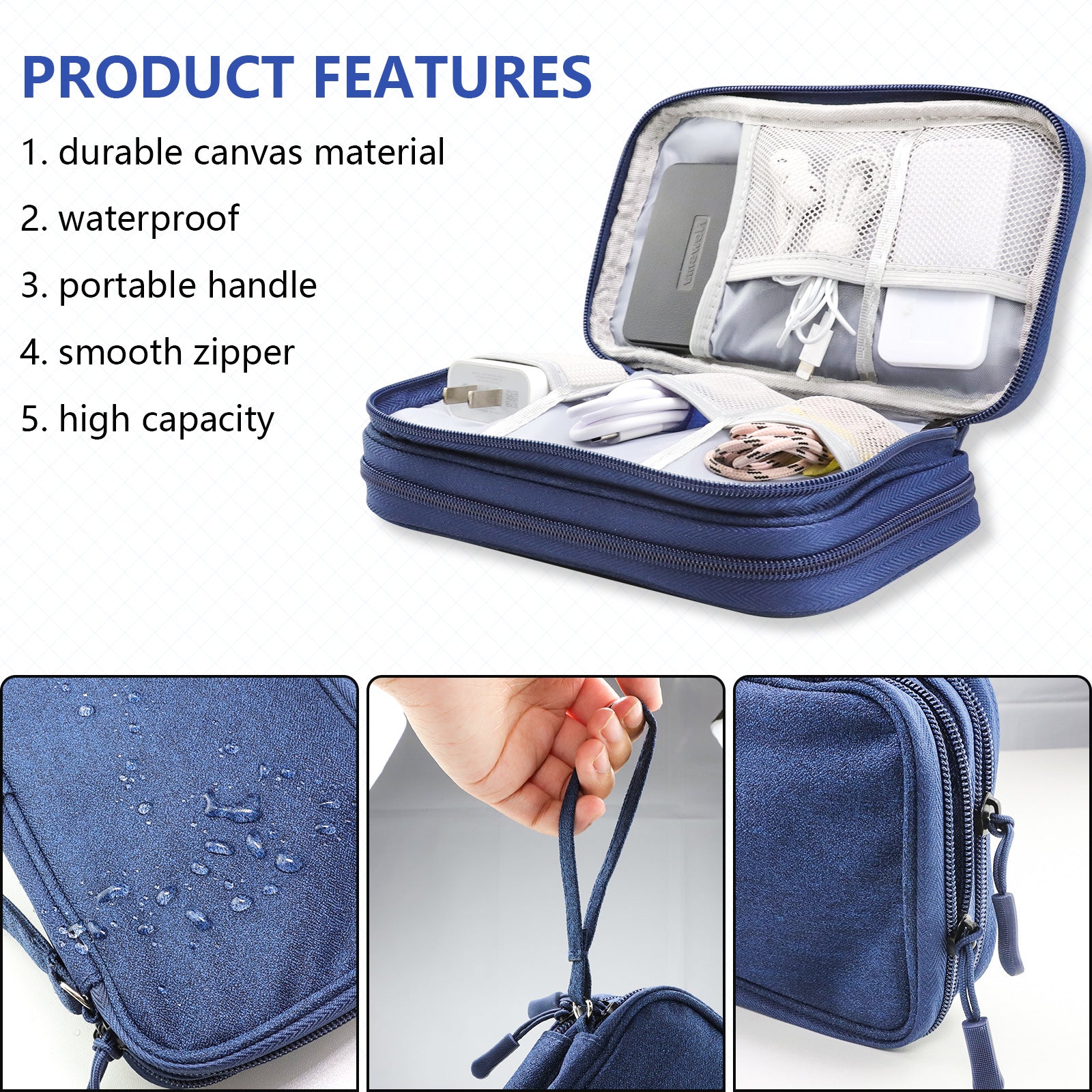 Dark Blue Portable Digital Organizer Bag - Multifunctional Storage for Power Banks, Cables, and AccessoriesPhotography Props Not Included