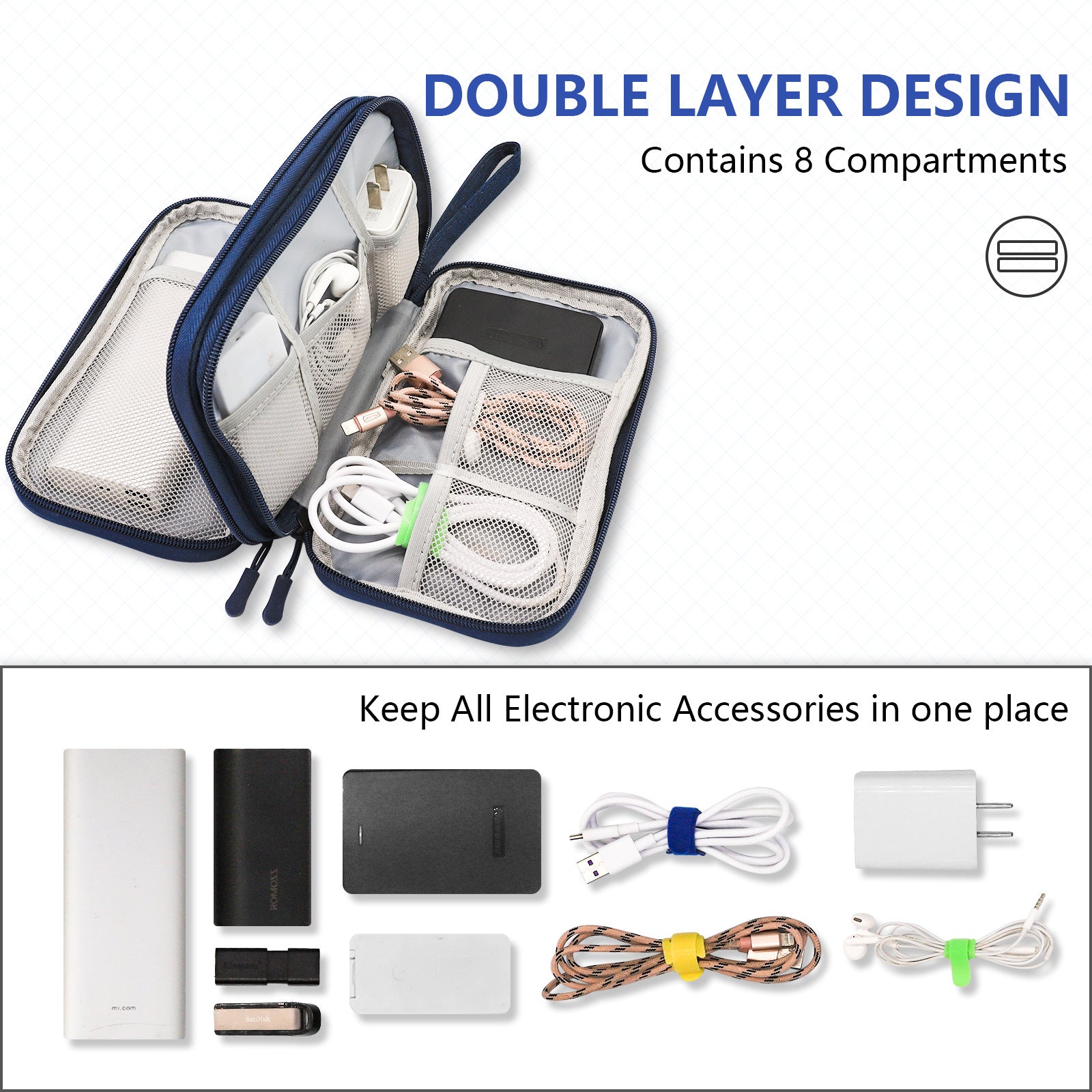 Dark Blue Portable Digital Organizer Bag - Multifunctional Storage for Power Banks, Cables, and AccessoriesPhotography Props Not Included