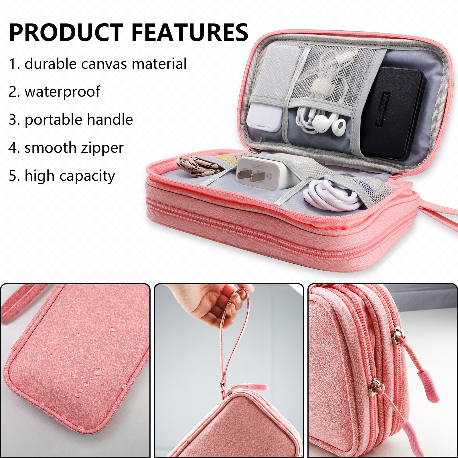 Pink Portable Digital Organizer Bag - Multifunctional Storage for Power Banks, Cables, and AccessoriesPhotography Props Not Included