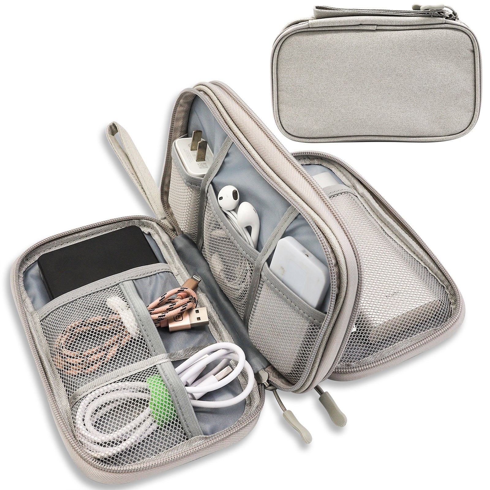 Grey Portable Digital Organizer Bag - Multifunctional Storage for Power Banks, Cables, and AccessoriesPhotography Props Not Included