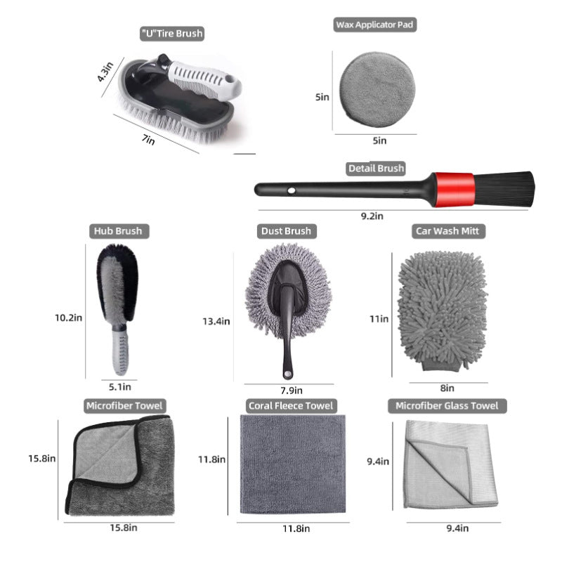 Type A 9-Piece Car Wash Tool Kit - Tire & Wheel Brushes, Wash Mitt, Microfiber Towels, and Wax Sponge Set