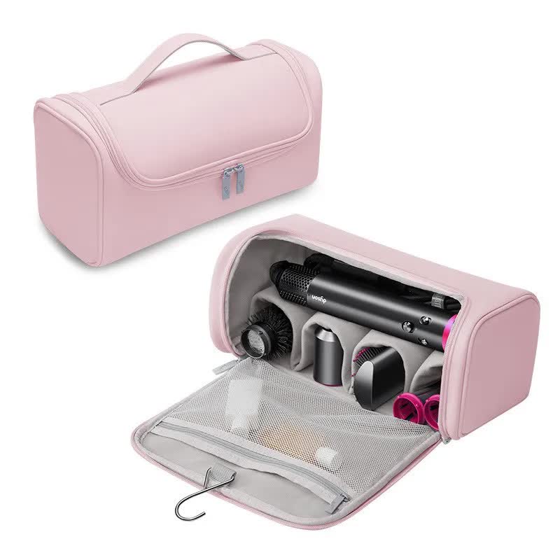 Pink Portable PU Storage Bag for Hair Curlers, Hair Dryers, and Styling ToolsHair dryers, etc. are shooting props and are not included in the product