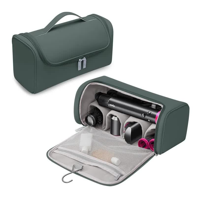 Green Portable PU Storage Bag for Hair Curlers, Hair Dryers, and Styling ToolsHair dryers, etc. are shooting props and are not included in the product