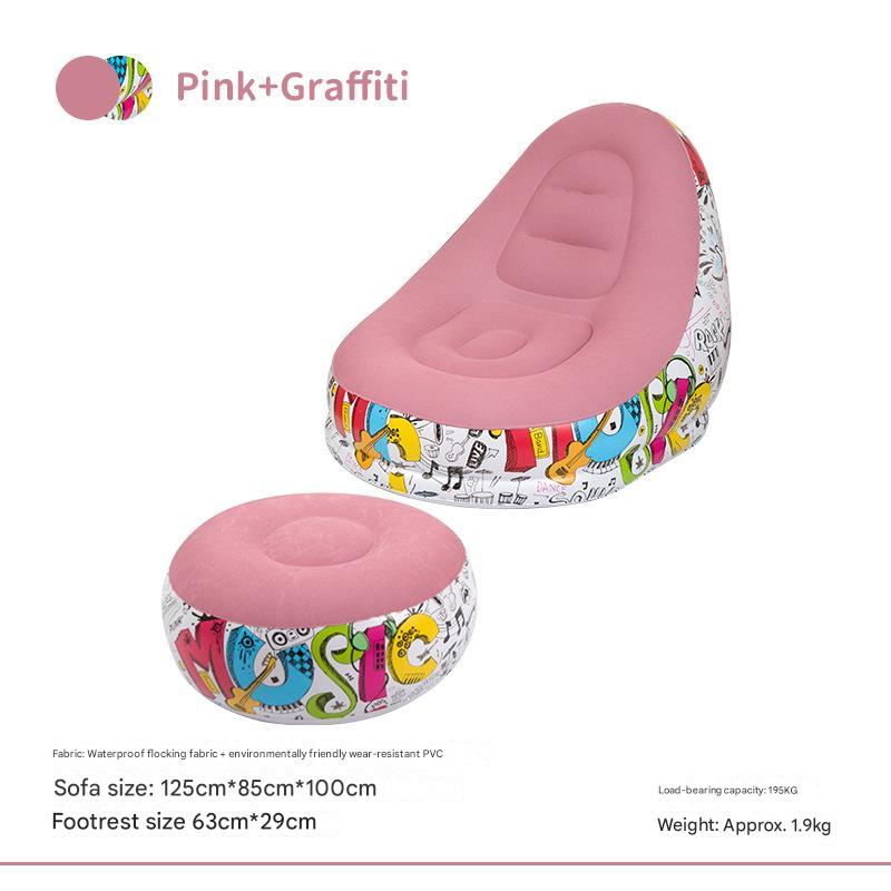 Pink GraffitiPortable Inflatable Sofa Chair with Ottoman - Waterproof Flocked Lazy Sofa for Camping and Home Use