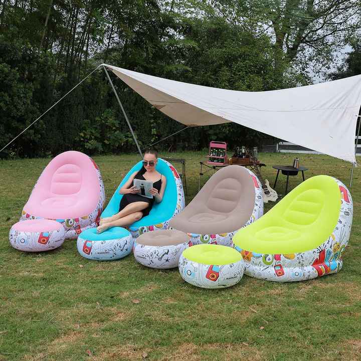 Pink GraffitiPortable Inflatable Sofa Chair with Ottoman - Waterproof Flocked Lazy Sofa for Camping and Home Use