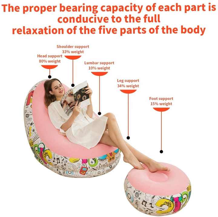 Pink GraffitiPortable Inflatable Sofa Chair with Ottoman - Waterproof Flocked Lazy Sofa for Camping and Home Use
