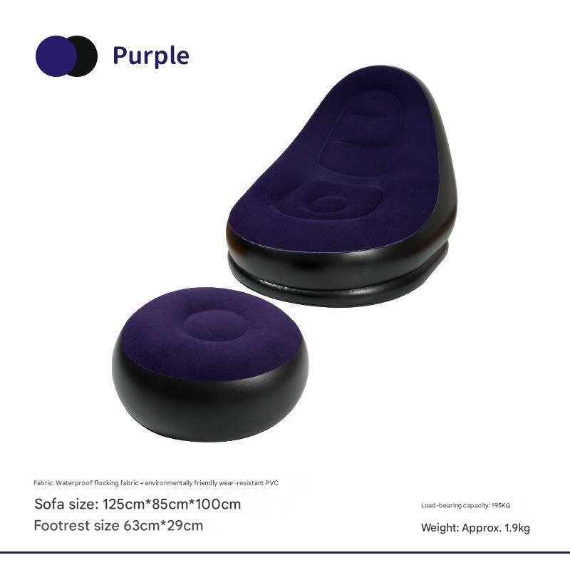 Purple And Black Patchwork Portable Inflatable Sofa Chair with Ottoman - Waterproof Flocked Lazy Sofa for Camping and Home Use