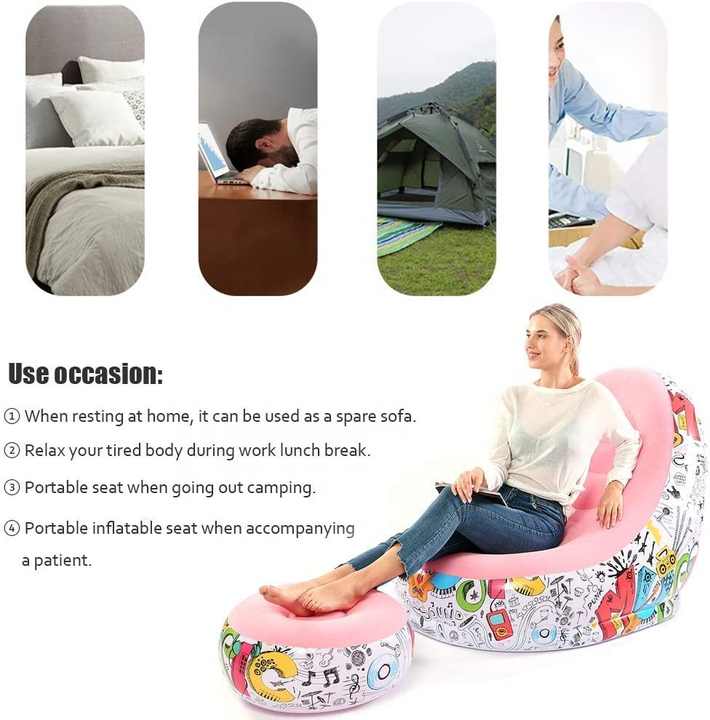 Purple And Black Patchwork Portable Inflatable Sofa Chair with Ottoman - Waterproof Flocked Lazy Sofa for Camping and Home Use