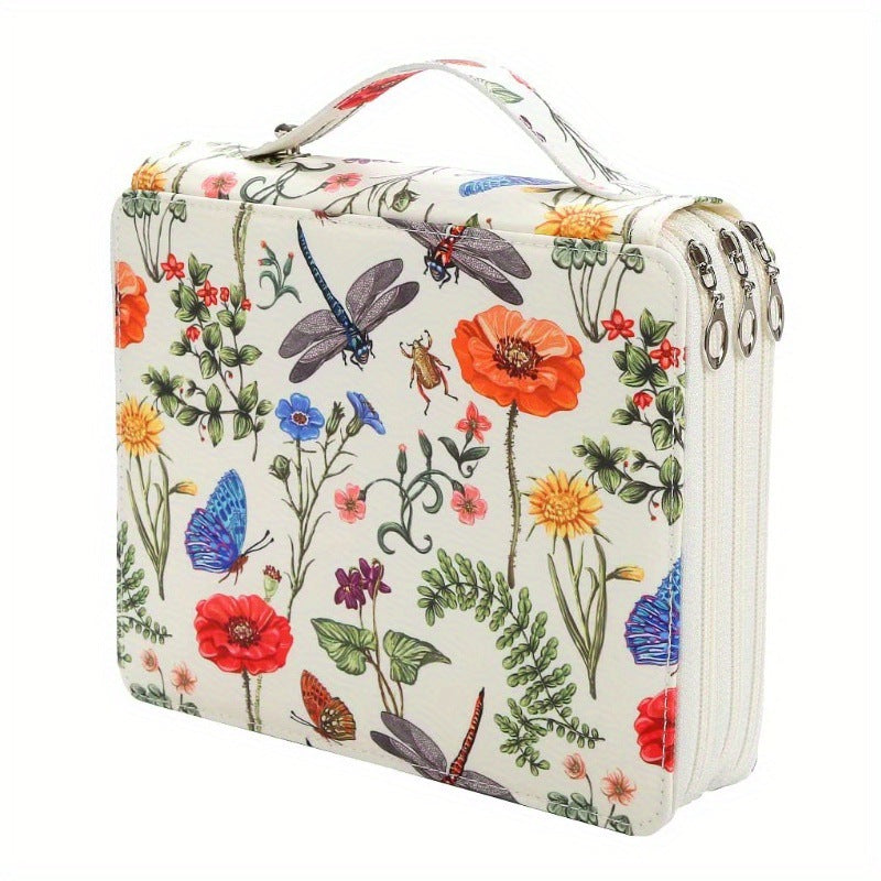 White Background + Dragonfly Pattern 124-Slot Large Capacity Zippered Pencil Case - Triple-Layer Oxford Fabric Organizer for Colored Pencils, Art Supplies Storage Bag Pencils Not Included