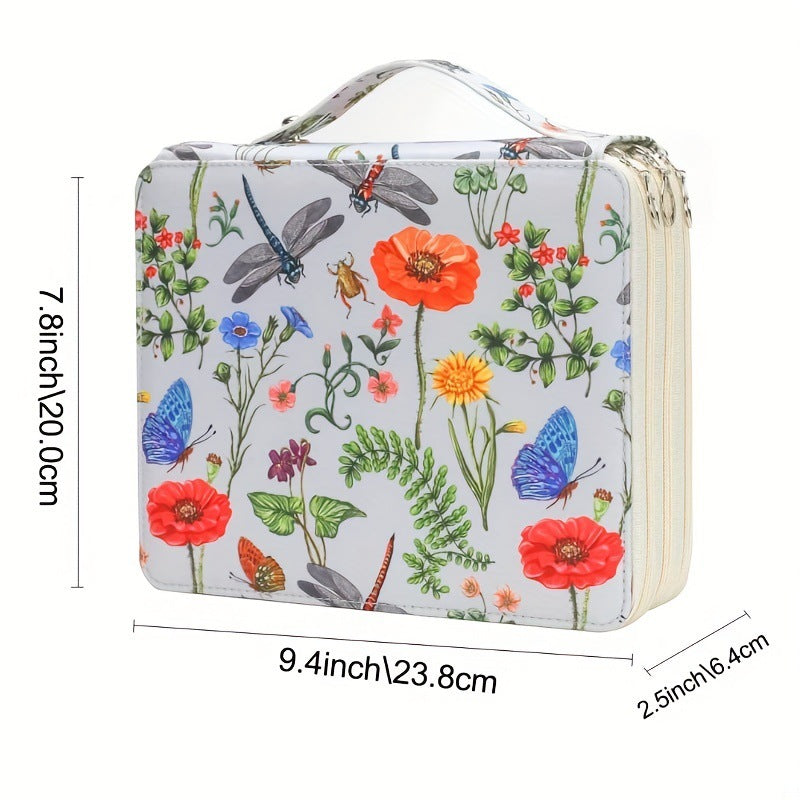 White Background + Dragonfly Pattern 124-Slot Large Capacity Zippered Pencil Case - Triple-Layer Oxford Fabric Organizer for Colored Pencils, Art Supplies Storage Bag Pencils Not Included