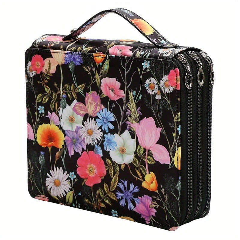 Black Background + Flowers Pattern 124-Slot Large Capacity Zippered Pencil Case - Triple-Layer Oxford Fabric Organizer for Colored Pencils, Art Supplies Storage Bag Pencils Not Included