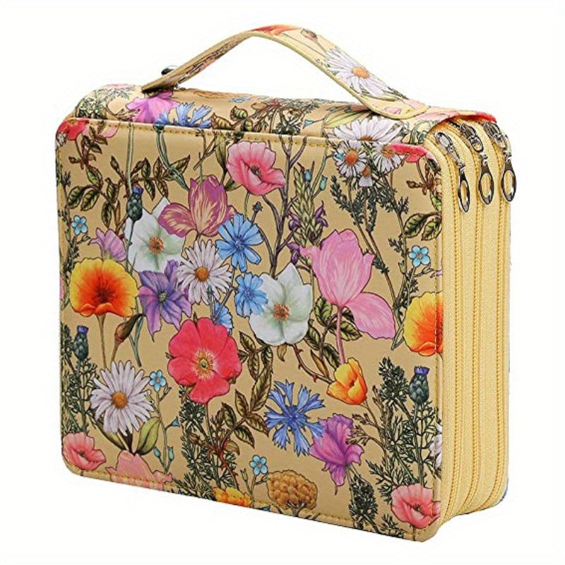 Yellow Background + Flowers Pattern 124-Slot Large Capacity Zippered Pencil Case - Triple-Layer Oxford Fabric Organizer for Colored Pencils, Art Supplies Storage Bag Pencils Not Included