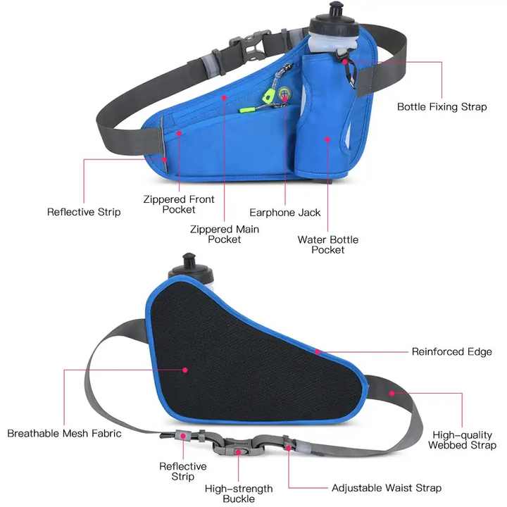 Blue Hydration Running Waist Pack - Waterproof Lightweight Sports Belt with Bottle HolderWater bottles are filming props, not included