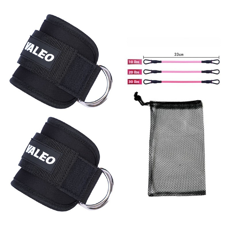 Black Set 2 Ankle Straps + 3 elastic ropes + 1 mesh bag Adjustable Ankle Straps for Leg and Glute Training - EVA Padded Gym Foot Straps