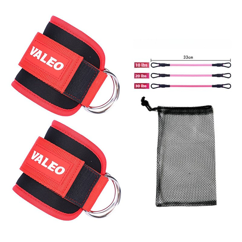 Red Set 2 Ankle Straps + 3 elastic ropes + 1 mesh bag Adjustable Ankle Straps for Leg and Glute Training - EVA Padded Gym Foot Straps