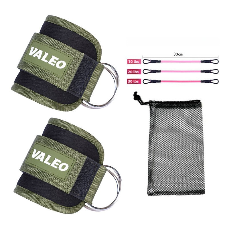 Dark Green Set 2 Ankle Straps + 3 elastic ropes + 1 mesh bag Adjustable Ankle Straps for Leg and Glute Training - EVA Padded Gym Foot Straps