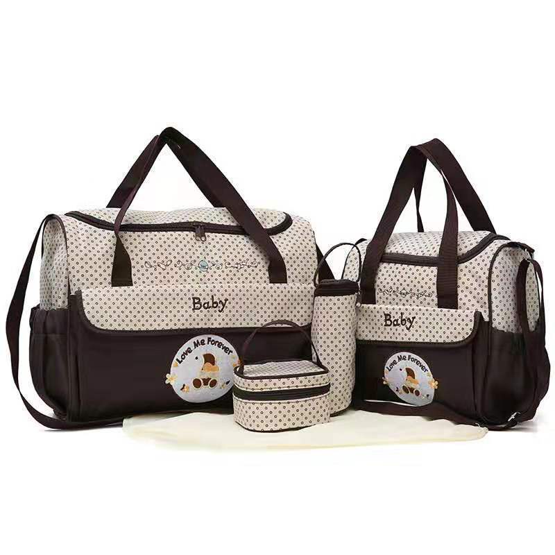 Coffee 5-Piece Mommy Bag Set - Large Capacity Diaper Bags for Baby Travel, Tote and Shoulder Bags with Insulated Bottle Holder and Snack Bag