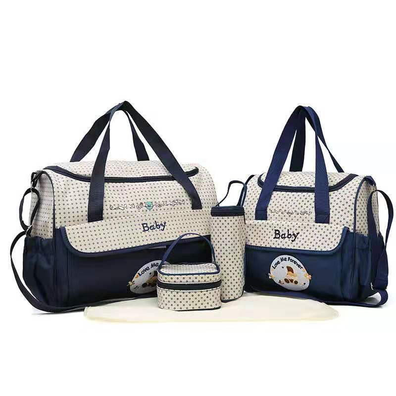 Dark Blue 5-Piece Mommy Bag Set - Large Capacity Diaper Bags for Baby Travel, Tote and Shoulder Bags with Insulated Bottle Holder and Snack Bag