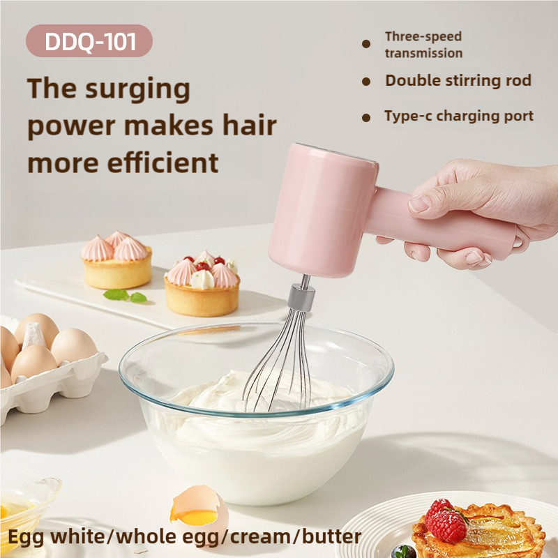 Pink Portable Electric Egg Beater with 3-Speed Adjustment, Dual Whisks, and Type-C Charging