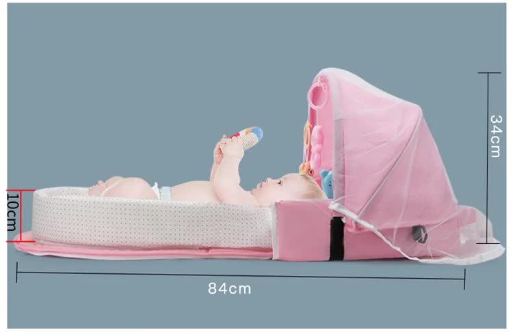 Red Portable Multi-Purpose Baby Bed and Diaper Backpack - Lightweight, Waterproof, Canvas + Polyester Material, Travel Essential for MomsWith mosquito net and small toys
