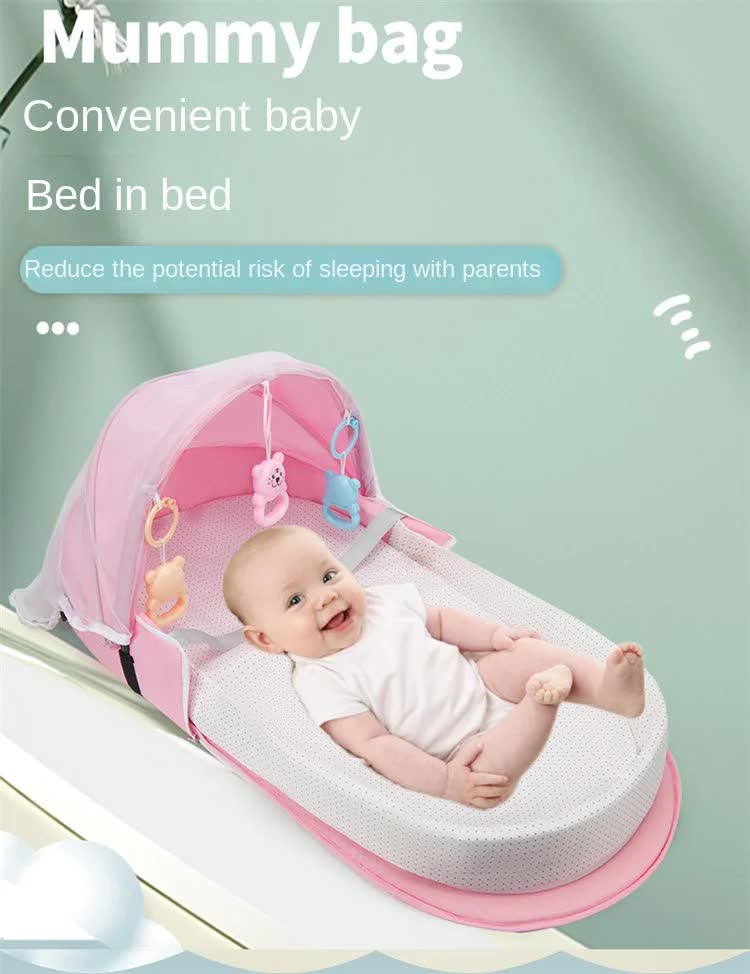 Grey Portable Multi-Purpose Baby Bed and Diaper Backpack - Lightweight, Waterproof, Canvas + Polyester Material, Travel Essential for MomsWith mosquito net and small toys