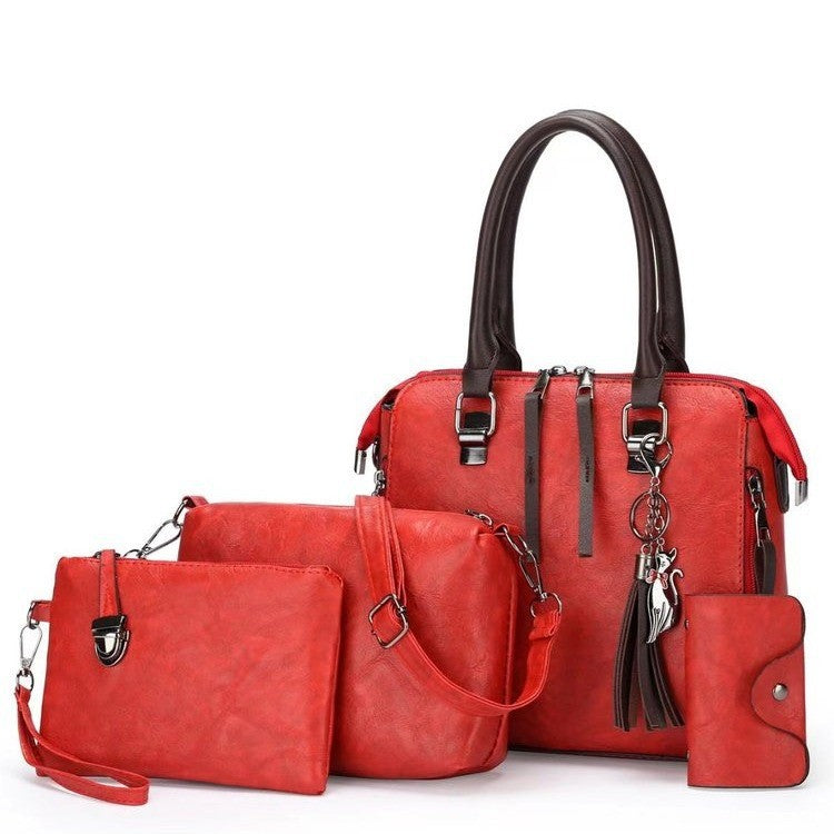 Red 4-Piece Women's PU Leather Tote Bag Set - Vintage Handbag, Shoulder Bag, Clutch, and Card Holder - Lightweight Design