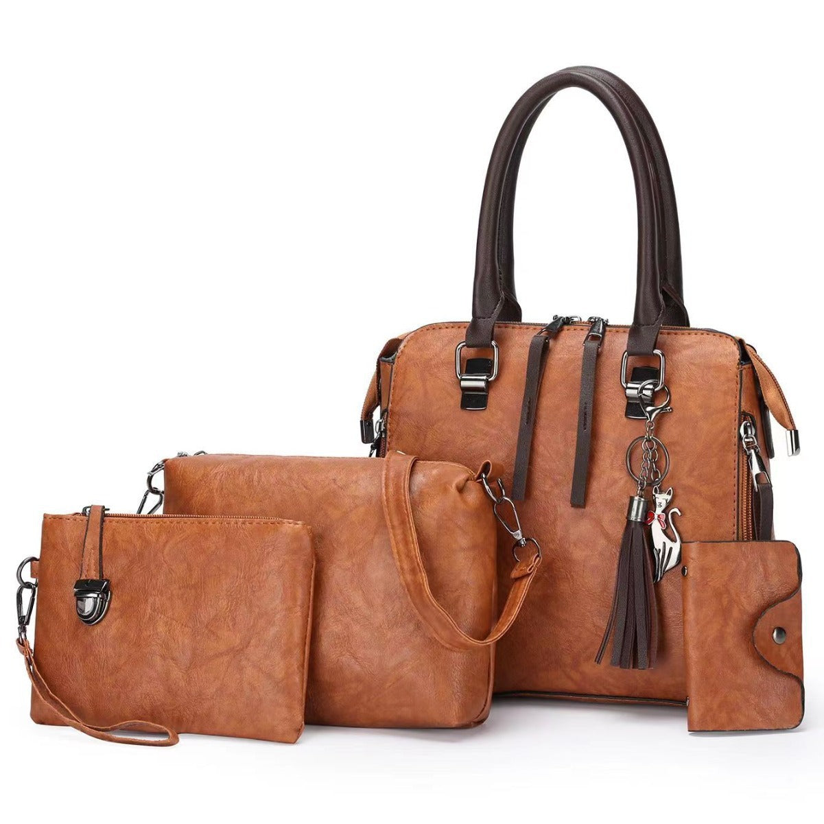 Brown 4-Piece Women's PU Leather Tote Bag Set - Vintage Handbag, Shoulder Bag, Clutch, and Card Holder - Lightweight Design