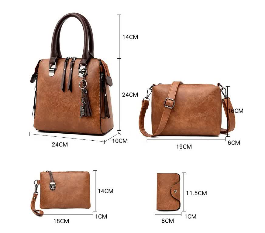 Brown 4-Piece Women's PU Leather Tote Bag Set - Vintage Handbag, Shoulder Bag, Clutch, and Card Holder - Lightweight Design