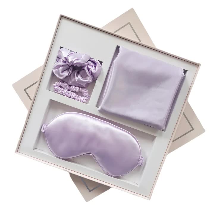 Purple Luxury Faux Silk Sleep Gift Set - 4-Piece Eye Mask, Pillowcase & Scrunchies for Relaxation & Comfort