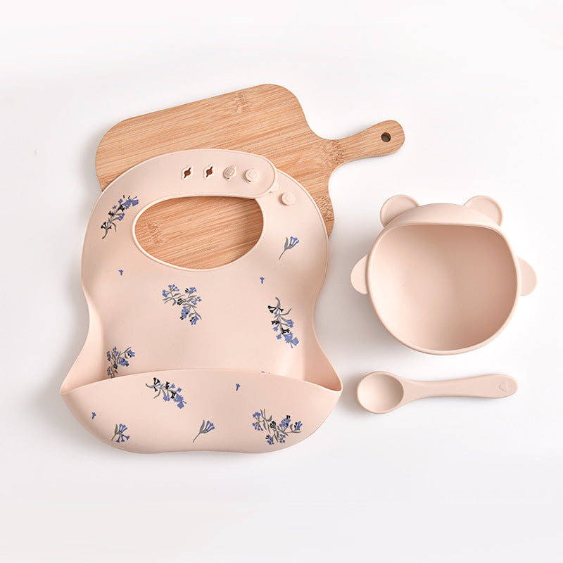 Lilac Pattern Beige Soft and Safe Silicone Baby Feeding Set - Bib, Bowl, and Spoon Combo for Mess-Free Meals