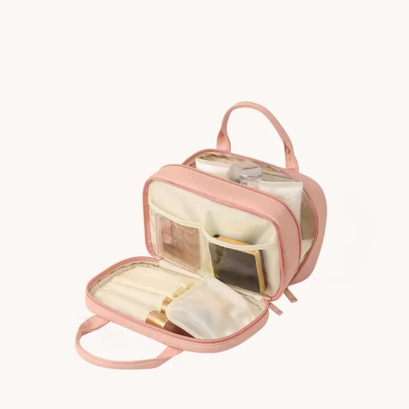 Pink Premium PU Leather Portable Makeup Bag - Large Capacity Waterproof Travel Cosmetic OrganizerCosmetics are shooting props, not included