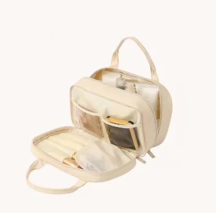 Off White Premium PU Leather Portable Makeup Bag - Large Capacity Waterproof Travel Cosmetic OrganizerCosmetics are shooting props, not included
