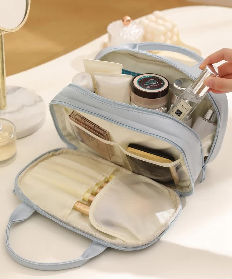 Off White Premium PU Leather Portable Makeup Bag - Large Capacity Waterproof Travel Cosmetic OrganizerCosmetics are shooting props, not included
