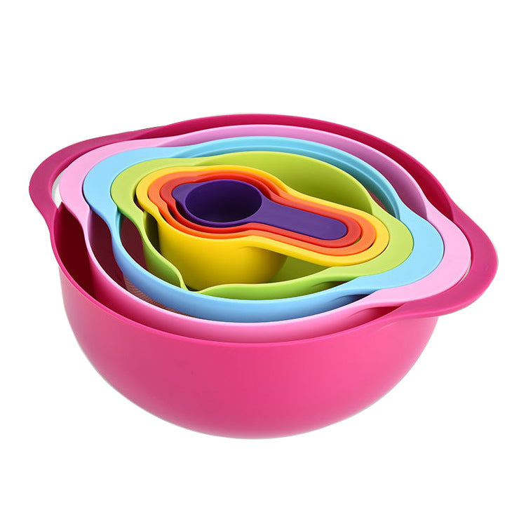 Pink 8-Piece Baking Tool Set - Measuring Cups, Spoons, Rainbow Mixing Bowls, Vegetable Washing Basket, and Flour Sifter