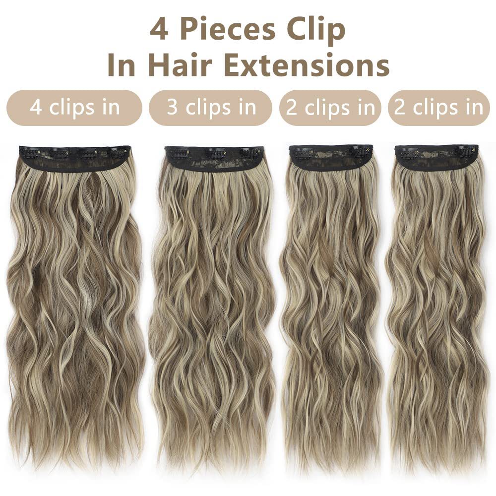 4 Pcs Set Gold High-Quality Wavy Clip-In Hair Extensions Set - 50cm, 200g, Synthetic Fiber - Voluminous Beach Waves for Instant Hair Makeover
