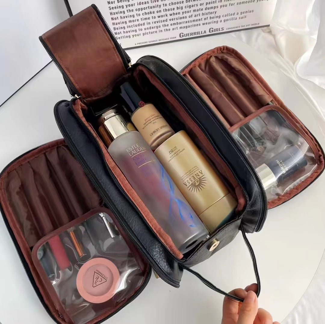 Black Large Capacity Makeup Organizer Bag - Travel-Friendly Double-Zip Cosmetic Storage Case for WomenMakeup items are shooting props and are not included