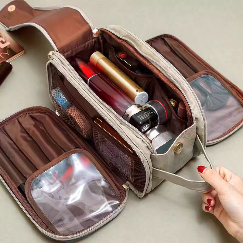 Brown Large Capacity Makeup Organizer Bag - Travel-Friendly Double-Zip Cosmetic Storage Case for WomenMakeup items are shooting props and are not included