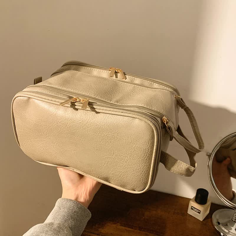 Brown Large Capacity Makeup Organizer Bag - Travel-Friendly Double-Zip Cosmetic Storage Case for WomenMakeup items are shooting props and are not included