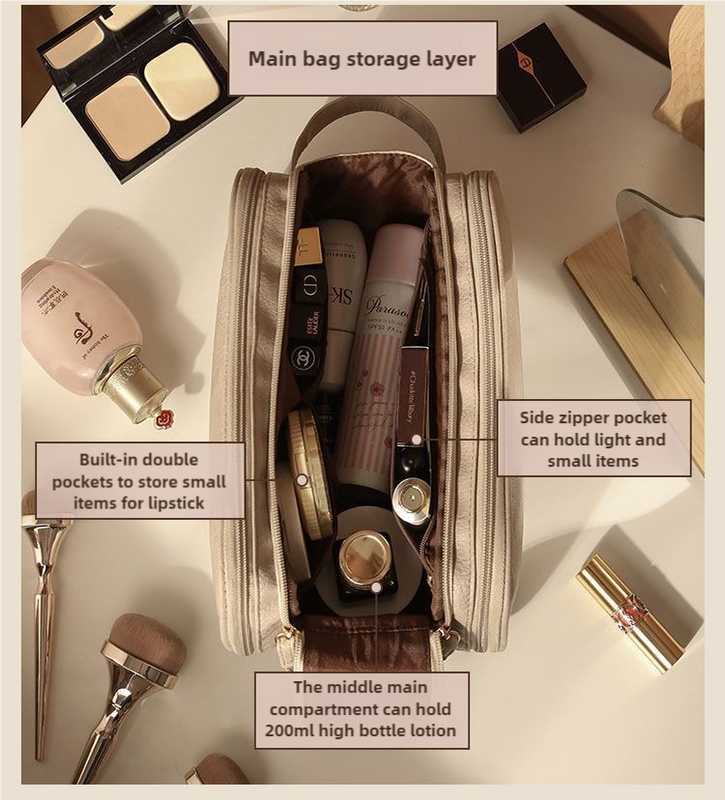 Brown Large Capacity Makeup Organizer Bag - Travel-Friendly Double-Zip Cosmetic Storage Case for WomenMakeup items are shooting props and are not included