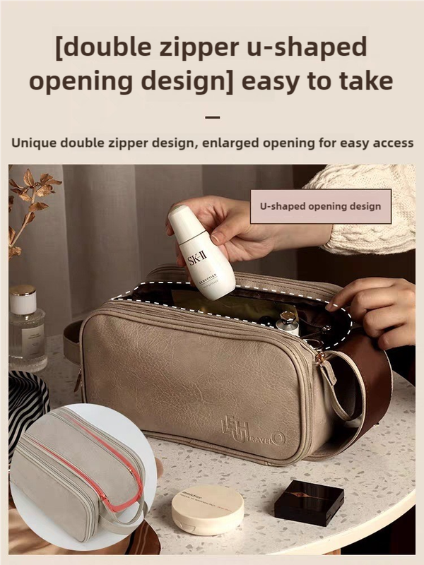 Brown Large Capacity Makeup Organizer Bag - Travel-Friendly Double-Zip Cosmetic Storage Case for WomenMakeup items are shooting props and are not included