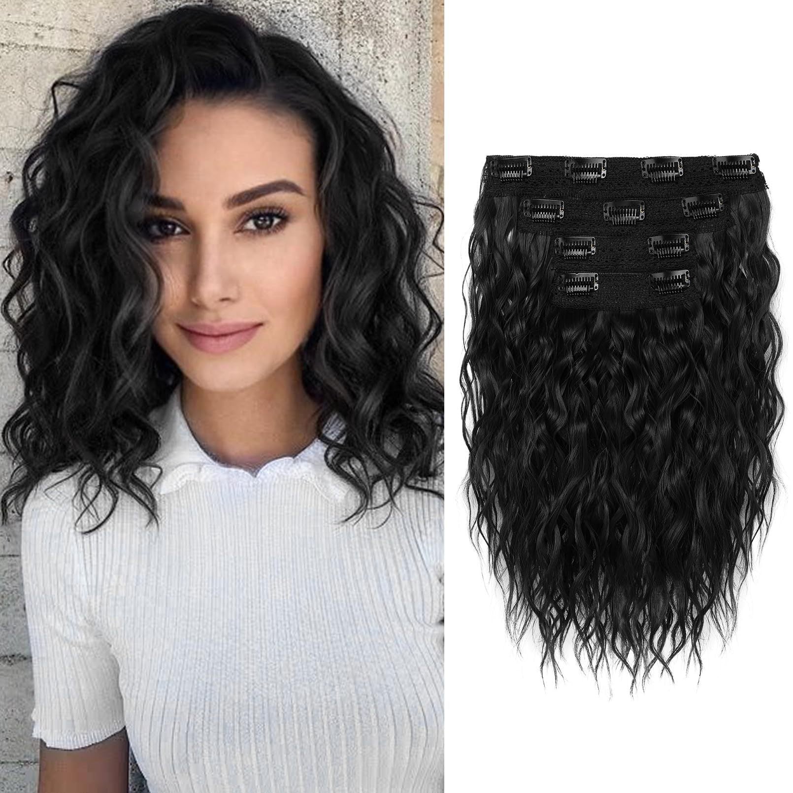Black 12-Inch Clip-in Wavy Hair Extensions - 4-Piece Set,  Easy to Apply, Instant Volume Boost