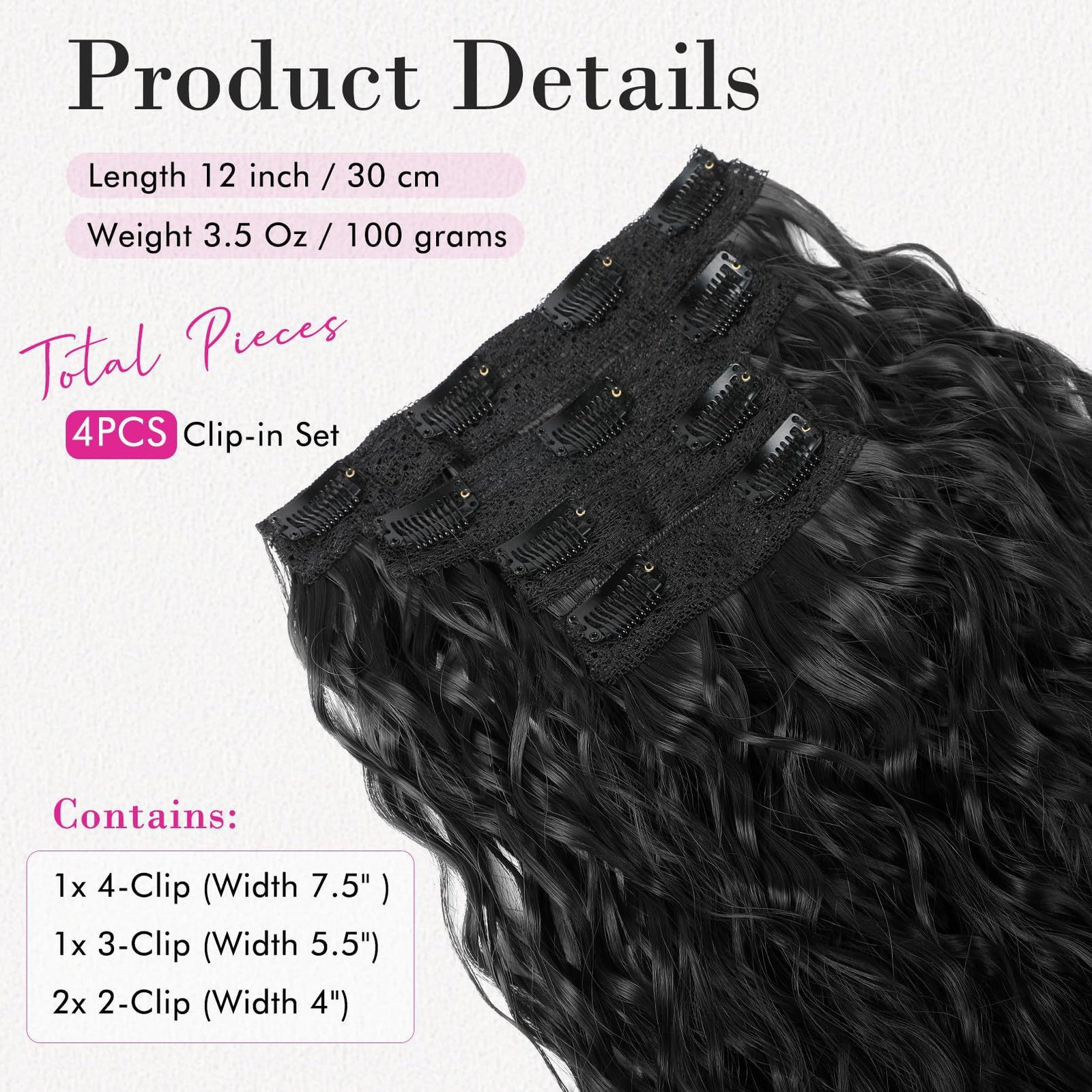 Black 12-Inch Clip-in Wavy Hair Extensions - 4-Piece Set,  Easy to Apply, Instant Volume Boost