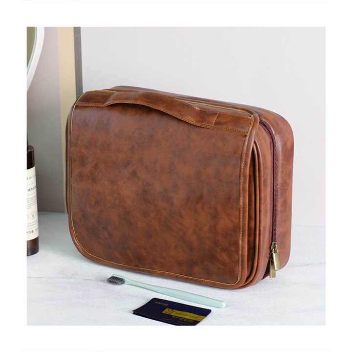Coffee Luxury PU Business Travel Toiletry Bag - Large Capacity Waterproof Makeup Organizer with Dividers - Portable & Stylish Bathroom Storage