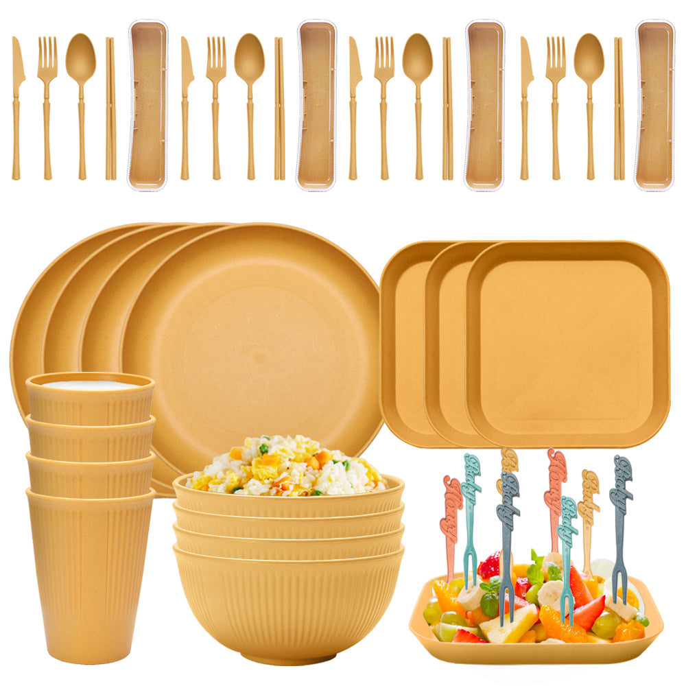 Four-person Set Yellow Eco-Friendly Wheat Straw Dinnerware Set,  Plate, Bowl, Cup & Utensil Set - Lightweight, Reusable, and Durable for Home, School, and Travel